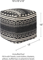 REDEARTH · UNSTUFFED Pouf Ottoman Cover Textured Storage Cube Bean Bag Poof Pouffe Footrest for Living Room, Bedroom, Patio, Gym; 100% Cotton (18"X18"X18", Ziggurat Obsession Black)