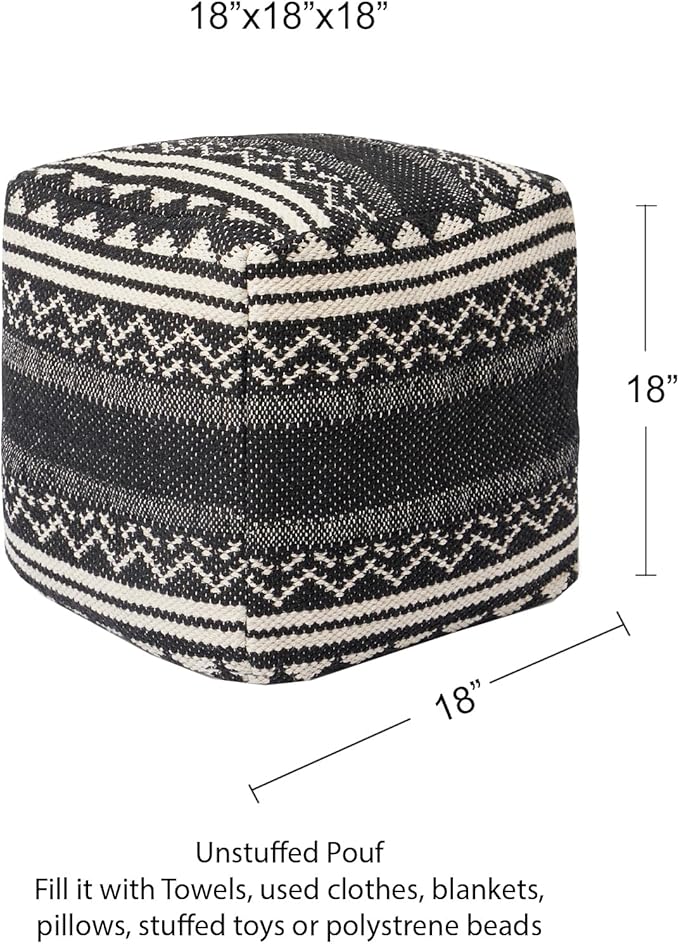 REDEARTH · UNSTUFFED Pouf Ottoman Cover Textured Storage Cube Bean Bag Poof Pouffe Footrest for Living Room, Bedroom, Patio, Gym; 100% Cotton (18"X18"X18", Ziggurat Obsession Black)