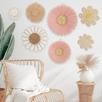 Chunful 7 Pcs Boho Wall Basket Decor Rattan Flower Wall Decor Nursery Daisy Flower Woven Macrame Hanging Flowers for Baby Kids Girls Farmhouse Bedrooms Living Rooms Kitchen Home (Dark Pink)