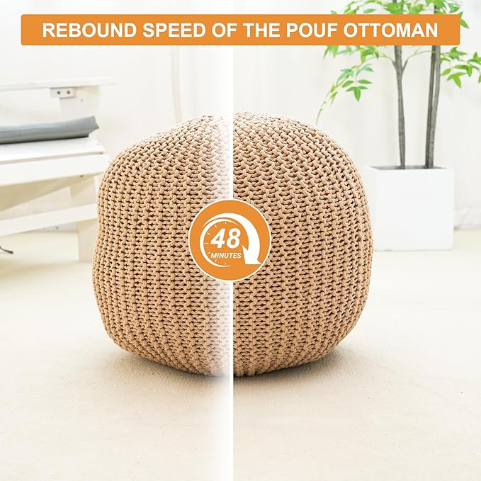 Pouf Ottoman Stuffed Round Modern Foam Filled Foot Rest Poufs for Living Room Chair Decorative 20 X 14 Inches Boho Relax Stool for Wedding Christmas Party, (Khaki, 20inch)