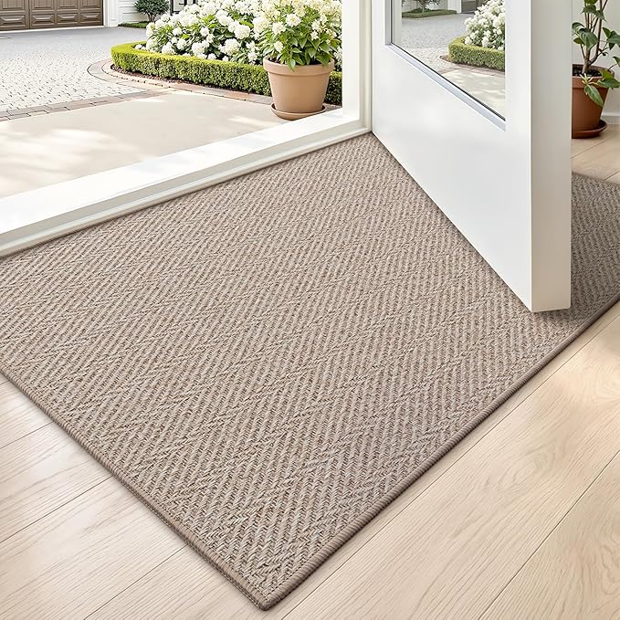 LUMI Ultra Thin Indoor Door Mat for Entrance 17"x30", Non Slip Entryway Mat, Low Profile Doormat, Unique Herringbone Design Carpet for Inside, Patio, Porch, Dark Beige