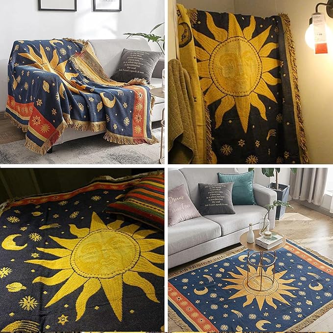 Hippie Throw Blanket Sun Moon Stars Boho Throw Blankets Celestial Tapestry Double-Sided Reversible Woven Cotton Home Decor Bedding Chair Couch Recliner Cover Oversized Tassels Astrology 70"x90"