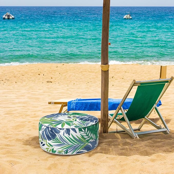 Inflatable Ottoman Stool D21 xH9 for Outdoor/Indoor Use, Water Repellent Patio Foot Rest with Portable Handle,Round Pouf Ottoman Suitable for Garden,Deck and Camping - Islamorada Blue Green