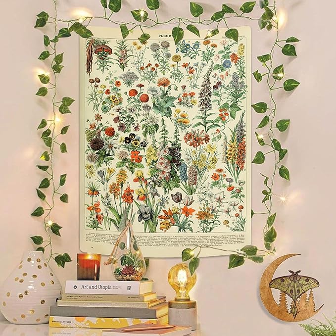 Vintage Flowers Tapestry 48”x36”, Long Vertical Wall Hanging Reference Illustrative Botanical Tapestries for Bedroom Aesthetic Floral Tapistry Botanical Plants Tapestry Wall Hanging Cute Bedroom Decor