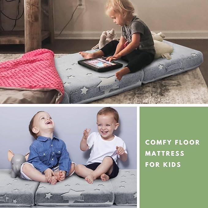 MeMoreCool Foldable Floor Mattress for Kids, Glow Star Trifold Mat, Kids Folding Mattress Portable Futon, 75x25 Inch Grey