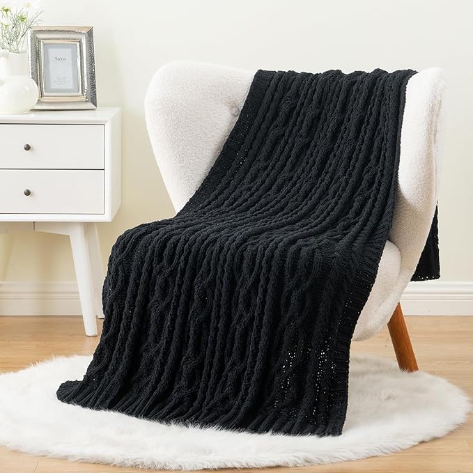 Battilo Black Throw Blanket for Couch, Cable Knit Blanket for Bed,Chair, Home Decor, Soft Cozy Woven Chenille Throw Blanket, Decorative Boho Throw Blanket, 51"x67"