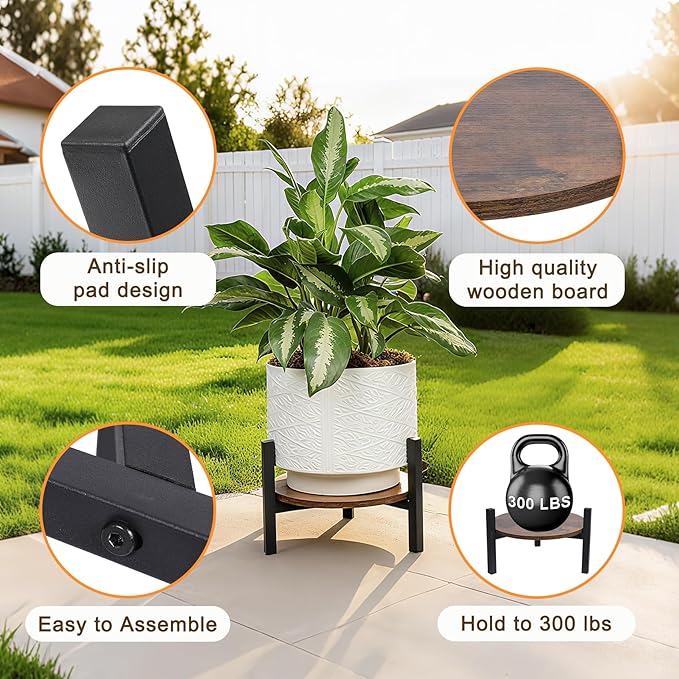 Plant Stand Indoor, Heavy Duty Sturdy Metal Wooden Plant Holder Stool, Low Short Single Flower Pot Stand Decoration Racks for Home, Patio &Garden (Dark Brown, Large (2pack))
