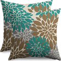 Brown Teal Pillow Covers 24X24 Inch Set of 2, Dahlia Flower Spring Summer Floral Cream Decorative Throw Pillow Covers Outdoor Modern Farmhouse Cushion Case for Home Couch Sofa Bed Decor