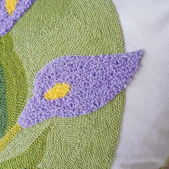 vctops Farmhouse Calla Lily Cotton Tufted Throw Pillow Cover Spring Floral Embroidery Pillowcase Soft Square Cushion Case for Sofa Couch Bed Chair (Purple C,18"x18")