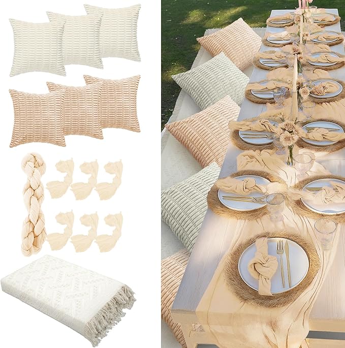 91 x 71 Extra Large Outdoor Boho Picnic Blanket with Beige White Table Runner, 6 Throw Pillow Covers 6 Napkins Woven Cotton Yarn Oversize Beach Blanket Washable Picnic Camp Wedding