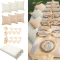 91 x 71 Extra Large Outdoor Boho Picnic Blanket with Beige White Table Runner, 6 Throw Pillow Covers 6 Napkins Woven Cotton Yarn Oversize Beach Blanket Washable Picnic Camp Wedding