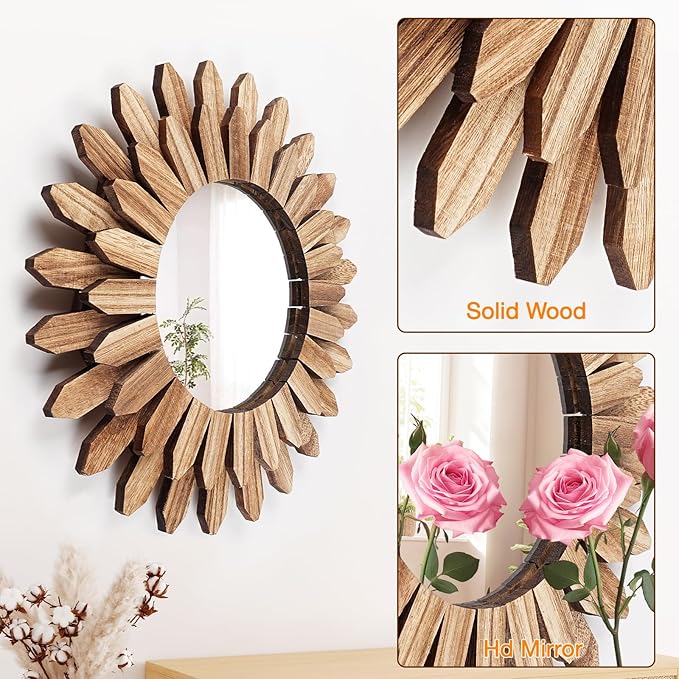 12 Inch Wall Mirror, Boho Wall Decor, Rustic Wood Mirror, Boho Mirror for Wall Art Bedroom Living Room Bathroom House Warming Gifts New Home(Carbonized Black)