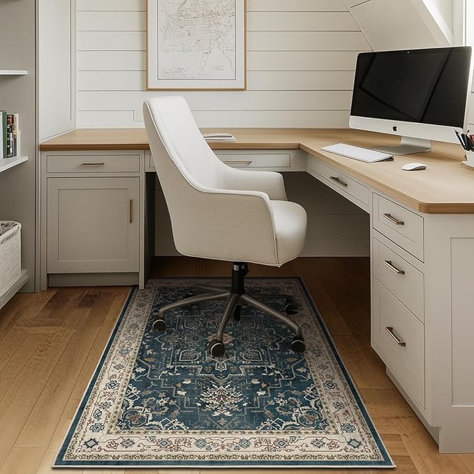 Dark Blue Throw Rugs for Entryway, Washable 4x6 Dark Rug with Rubber Backing for Living Room Bedroom, Vintage Medallion Distressed Area Rug for Kitchen/Bathroom/Dorm/Home Office