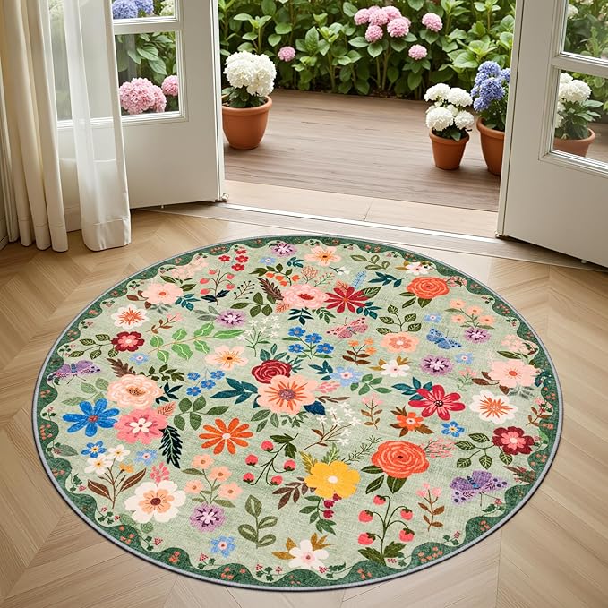 Round Area Rug for Living Room: 4 ft Floral Washable Circle Rug Soft Boho Non-Slip Carpet Indoor Stain Resistant Low Pile Small Circular Rug for Bedroom Entryway Kitchen Nursery Home Office Green