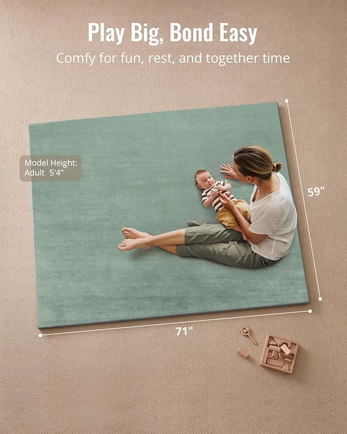 Blissful Diary Ultra Soft Baby Play Mat, 71x59 Extra Large Floor Mat with Removable & Washable Slip-On Cover for Babies and Toddlers, Sage Green