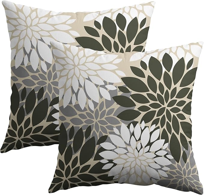 Olive Green White Grey Gray Pillow Covers 18X18 Inch Set of 2, Spring Modern Geometry Dahlia Floral Print Decorative Throw Pillow Covers Outdoor Farmhouse Cushion Case for Couch Sofa Bed Decor