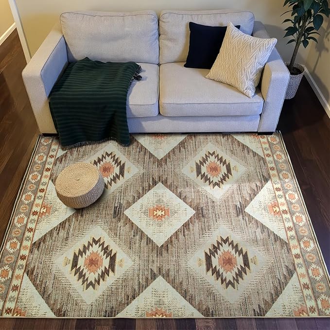 Area Rug 4x4 Rug Machine Washable Non-Slip Low Pile Print Pattern Western Rug for Living Room Bedroom Entryway Tribal Series -Cream/Camel