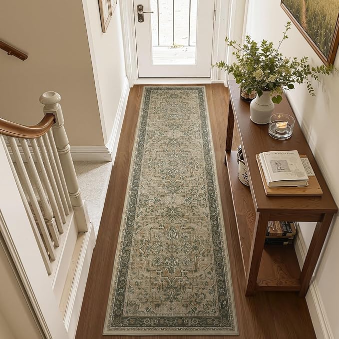 Moody Distressed 2x8 Runner Rugs for Hallways Entryway, Vintage Medallion Carpet Runner for Kitchen/Bedroom Bedside/Laundry Room/Bathroom Low Pile Washable Non Slip, Multi Brown/Green