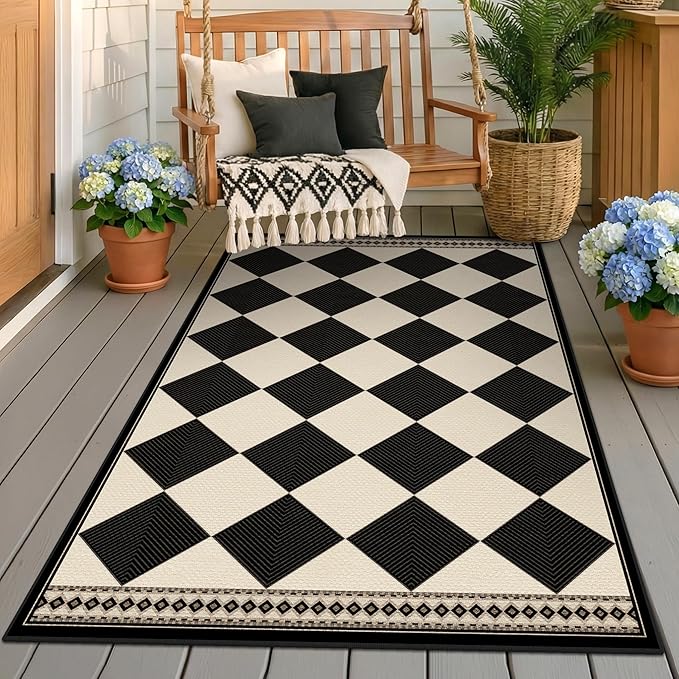 Black and White Diamond Outdoor Easy Jute Front Porch Rug 3x5, Washable Non-Slip Checkered Entryway Rug, Modern Farmhouse Boho Low Pile Indoor Carpet for Living Room, Kitchen, Mudroom, Laundry Room