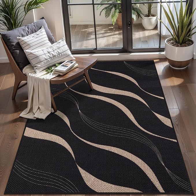 Tangsoo Easy Jute 3x5 Rug for Bedroom,Non Slip Rubber Backing Washable Outdoor Small Area Rug,Farmhouse Black Thin Indoor Throw Carpet for Front Porch Patio Entryway Living Room Balcony