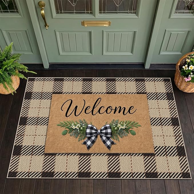 Buffalo Plaid Front Door Mat Outside Entrance, 2'3" x 3'7" (27.5" x 43") Outdoor Layering Rug, Doormat for Front Door, Washable Rugs for Entryway, Kitchen, Non Slip Nature Checkered Jute Porch Decor