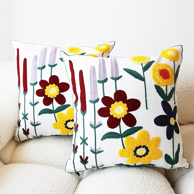 Embroidered Throw Pillow Cover Boho Floral Pillow Covers for Couch Sofa Botanical Leaves Cotton Linen Bohemian Pillow Covers 3D Big Flowers Multicolor 2PCS Pillowcase Covers 18x18 Inch