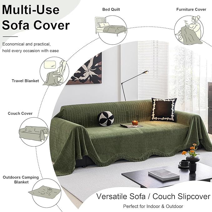 ROOMLIFE Green Couch Cover Sofa Covers, Chenille Couches Covers for 3 Cushion Sofas, Non Slip Soft Breathable Sofa Slipcovers for Pet, Washable Furniture Protector with Tassel,71''X134”
