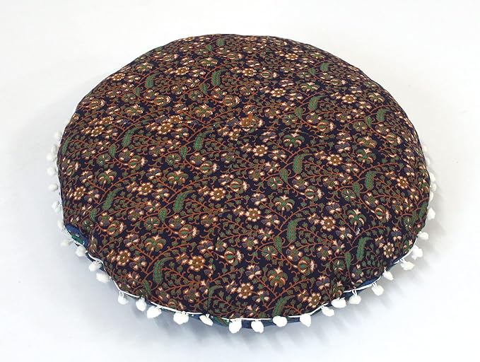 Round Mandala Floor Pillow Cover Seating Cushion Throw Cover Hippie Decorative Bohemian Ottoman Pouf Cover, Pom Pom Pillow Cases,Boho Indian 22 Inches (Blue)