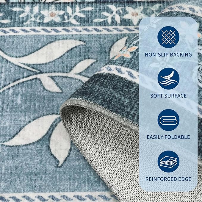 GarveeHome Misty Blue Botanical Grove 6ft Round Rug, Small Circle Vintage Cottagecore Soft Low-Pile Non-Slip Washable Rugs for Living Room Bedroom Nursery Kitchen Retro Carpet