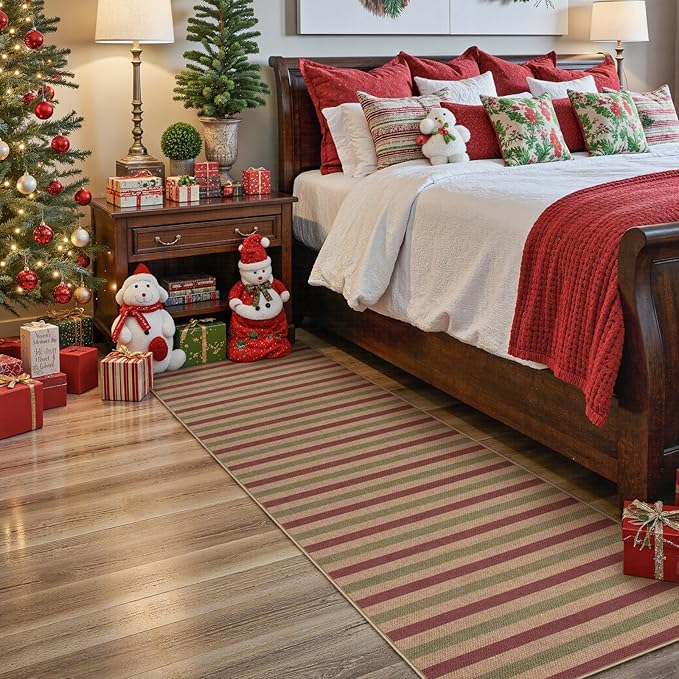 Lahome Christmas Runner Rug, 2x8 Christmas Porch Kitchen Decor for Entryway Front Door, Striped Plaid Decor Non Slip Non Shedding Xmas Decoration for Front Porch Hallway