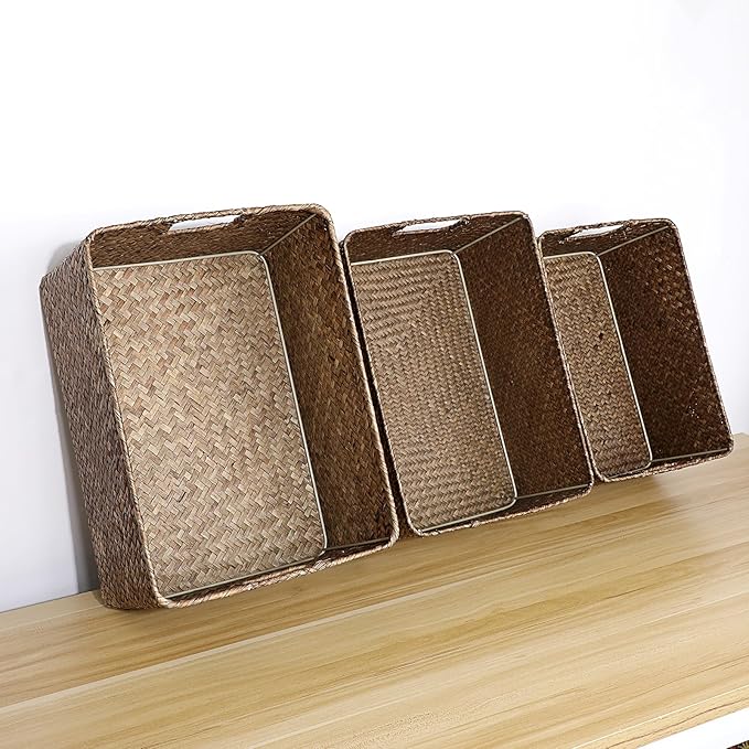 Hipiwe Seagrass Storage Baskets Bin for Shelf Organizing Rectangular Wicker Basket with Handle Handwoven Opened Baskets Bin Decorative Basket Box for Closet Bedroom Organizer
