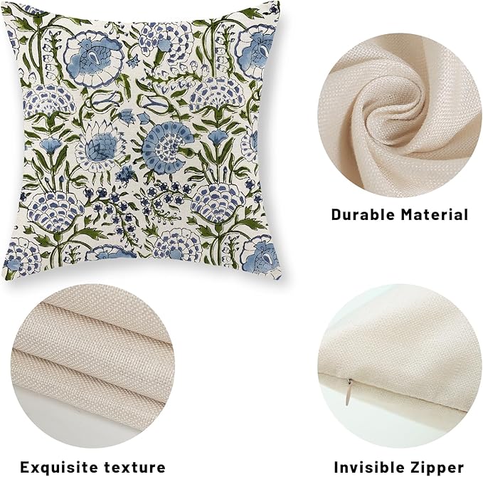 Boho Navy Blue Pillow Covers 18x18 Inch Set of 2 Blue Sage Green Floral Throw Pillows Vintage Flower Outdoor Decorative Pillow Cases Farmhouse Linen Cushion Cover Decor for Couch Sofa Decor
