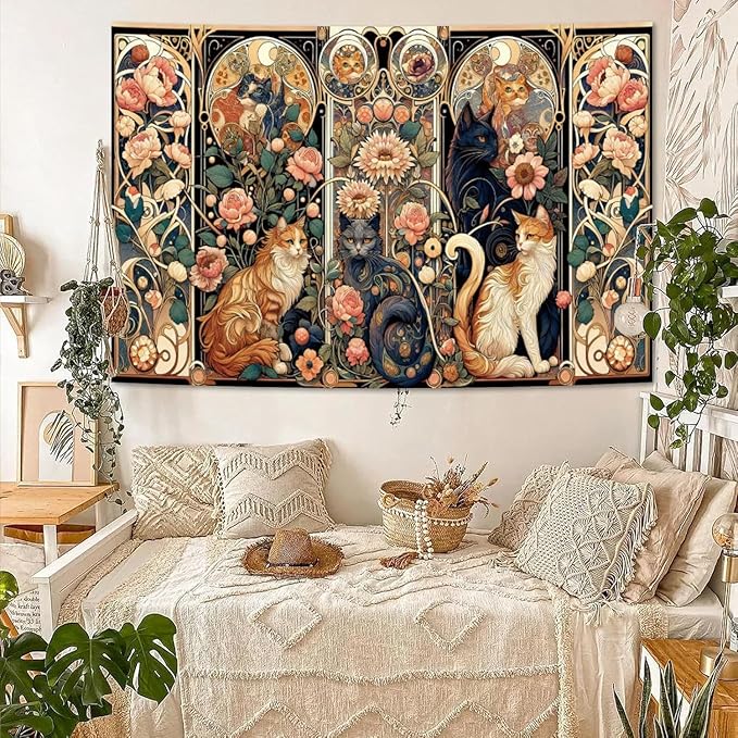 Apdidl Boho Floral Cute Wall Tapestry for Bedroom, Vintage Flower Cat Wall Hanging, Bohemian Style Orange and Black Cats Funny Tapestries, Animal Painting Art Poster for Girls Room Dorm Beach Decor (60" X 79")