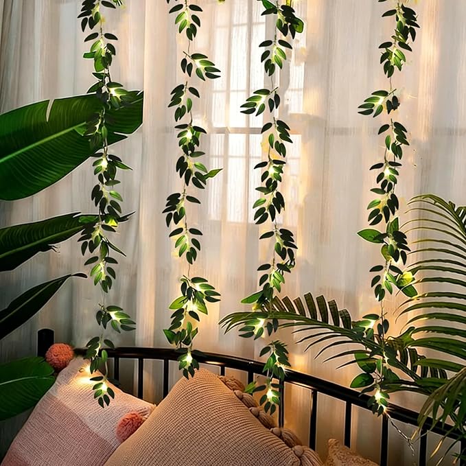 RECUTMS Willow Leaves String Lights 2Packs 20LEDs Artificial Leaf Rattan Light Hanging Vine Battery Operated Fairy Warm Light Ivy Greenery for Home Wedding Party Wall Indoor Outdoor Decor