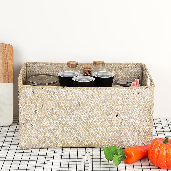 Hipiwe Wicker Shelf Baskets Seagrass Storage Opened Baskets Bin Built-in Handles Rectangular Closet Bedroom Organizer Box Multipurpose Woven Basket Home Organizer,Whitewash,14.6"x 10.6" x 7"