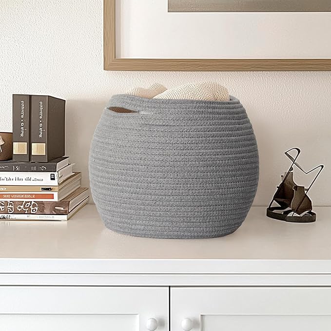 Gray Storage Basket for Decor, Round Plant Basket Indoor, Cute Baby Nursery Organizer, Small Wicker Cat Dog Toy Bin Box, Decorative Woven Cotton Rope Closet Bin, Kids Stuffed Animals Storage