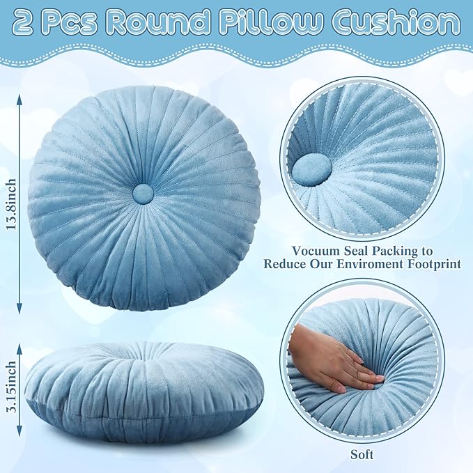 Namalu 2 Pcs Round Throw Pillow 13.8 Inch Decorative Round Velvet Floor Pillows Pumpkin Throw Pillows with Center Button for Thanksgiving Home Decor Living Room Sofa Couch Bed Chair (Blue)