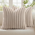 decorUhome Cozy Faux Fur Throw Pillow Covers 16x16 Set of 2 Decorative Soft Plush Striped Modern Farmhouse Boho Couch Pillow Cases with Velvet Back for Sofa Bed Living Room, Tan