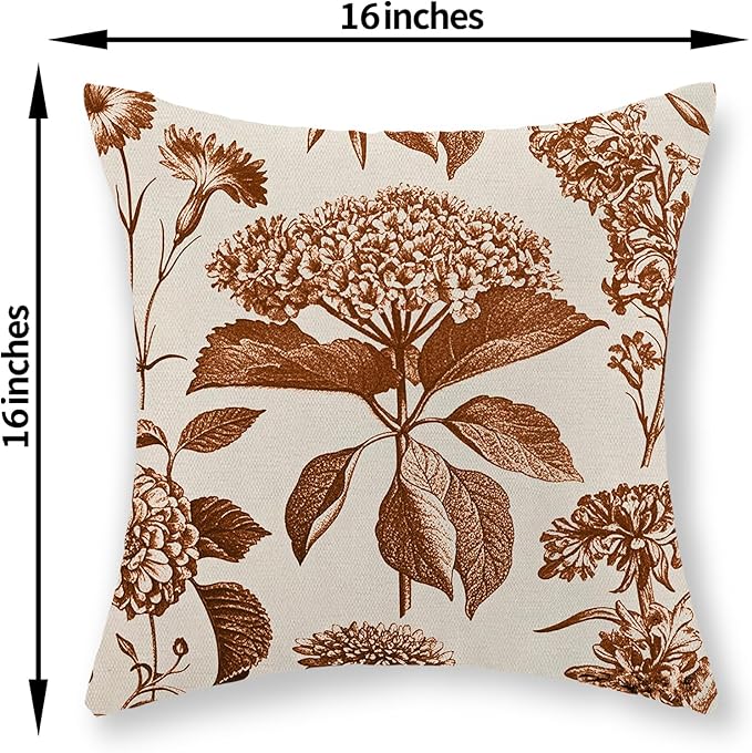Orange Pillow Covers 16x16 Set of 2 Vintage Boho Floral Hydrangea Herbs Botanical Fall Throw Pillows Fall Outdoor Decoration Pillowcase Linen Farmhouse Cushion Case Decorative for Couch Sofa