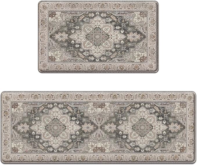 Arttown Kitchen Mats for Floor 2Pcs-Anti Fatigue Non Slip Mats for Kitchen Floor, Cushioned Waterproof & Stain-Resistant Boho Stripe Mat Set, Laundry Room, Office, Sink, Desk (Grey)