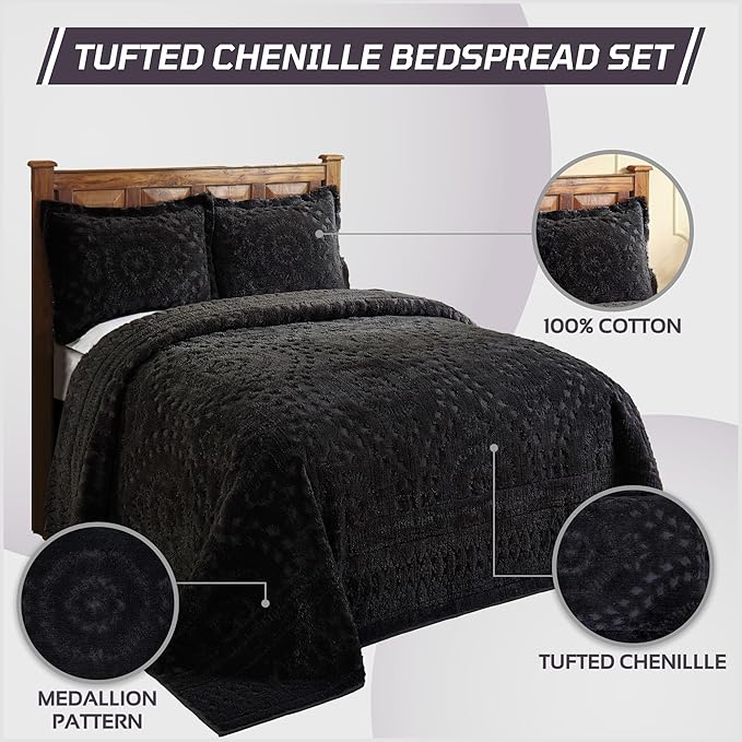 Better Trends 3 Pieces Set Chenille Bedspread Full/Double Size 100% Cotton Chenille Bedding Lightweight Medallion Pattern Bedroom Decor Rio Collection