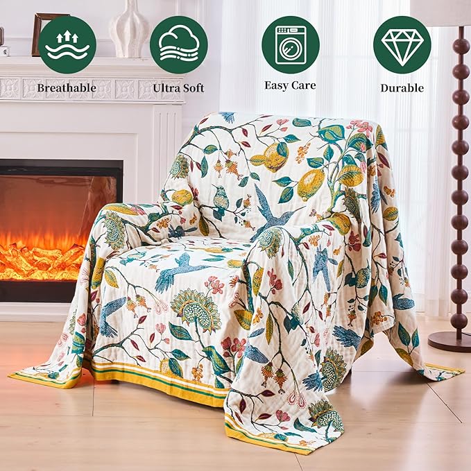 Boho Throw Blanket for Bed - 100% Cotton Ultra Soft Luxury Throw Rustic Fall Quilt,Bird Printed Farmhouse Decor Bed Blankets,Throw for Living Room Sofa Couch Chair(Flower-Bird, 87" x 102")