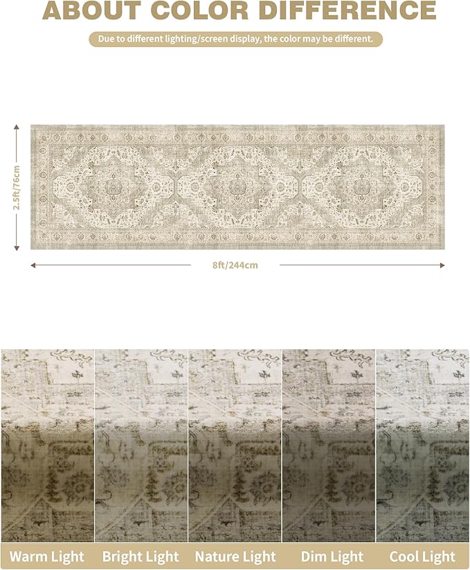 Washable Runner Rug 2.6x8 Runners for Hallways, Ultra-Thin Carpet Runners for Entryway Anti Slip Backing Runner Rugs for Kitchen Laundry Room Indoor Hallway (Ivory/Beige)