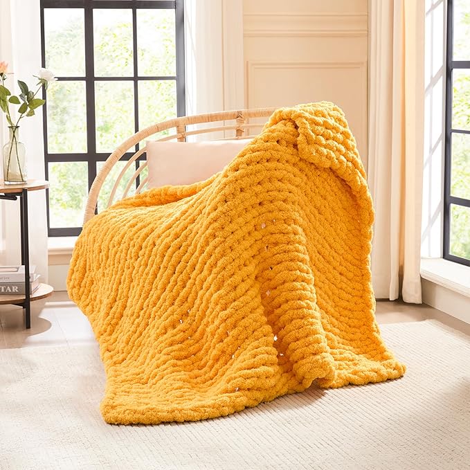 L'AGRATY Chunky Knit Throw Blanket - 40x50: 100% Hand-Knitted Chenile Crochet Blanket For Home Decor (Mustard Yellow)