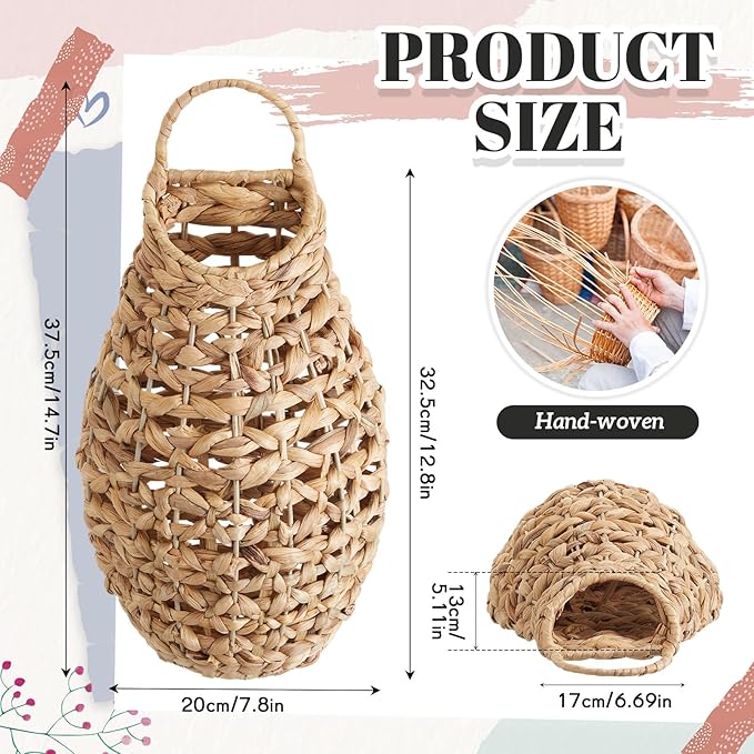 Chunful 2 Pcs Water Hyacinth Hanging Wicker Basket, Natural Wicker Decorative Baskets, Handmade Woven Storage Organizer for House Garden Wedding Wall Decorations, Large Size