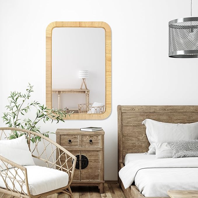 PERFNIQUE Rattan Mirror, 36'' x 24" Rectangle Boho Bathroom Mirror, Decorative Wall Nursery Decor, Rustic Farmhouse Handmade Wicker Mirror for Bathroom Bedroom Entryway Living Room Decor