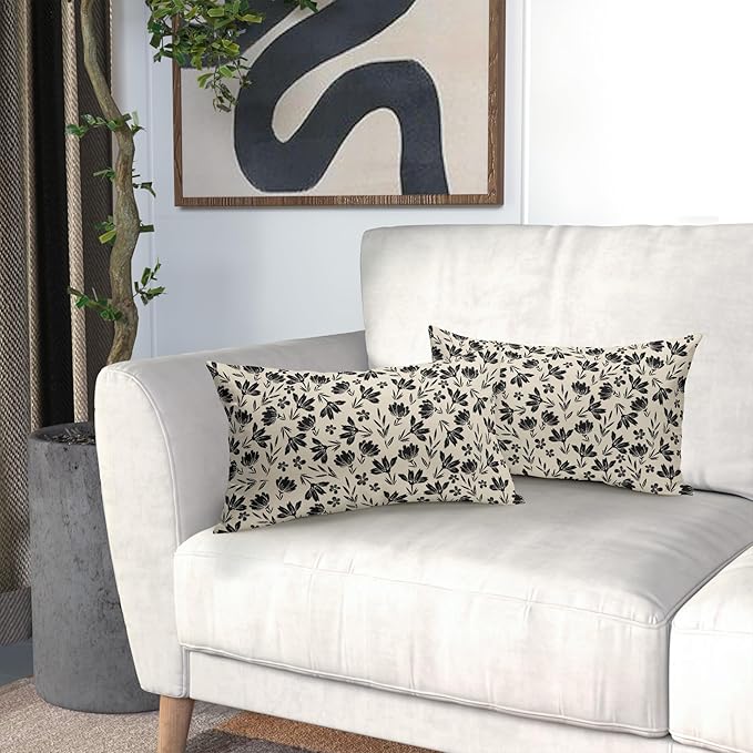 Black Floral Pillow Covers 12x20 Set of 2 Vintage Rustic Old Style Cute Small FlowerBlack Cream Print Decorative Outdoor Pillowcases Farmhouse Throw Cushion Case Decor for Couch Sofa Bed
