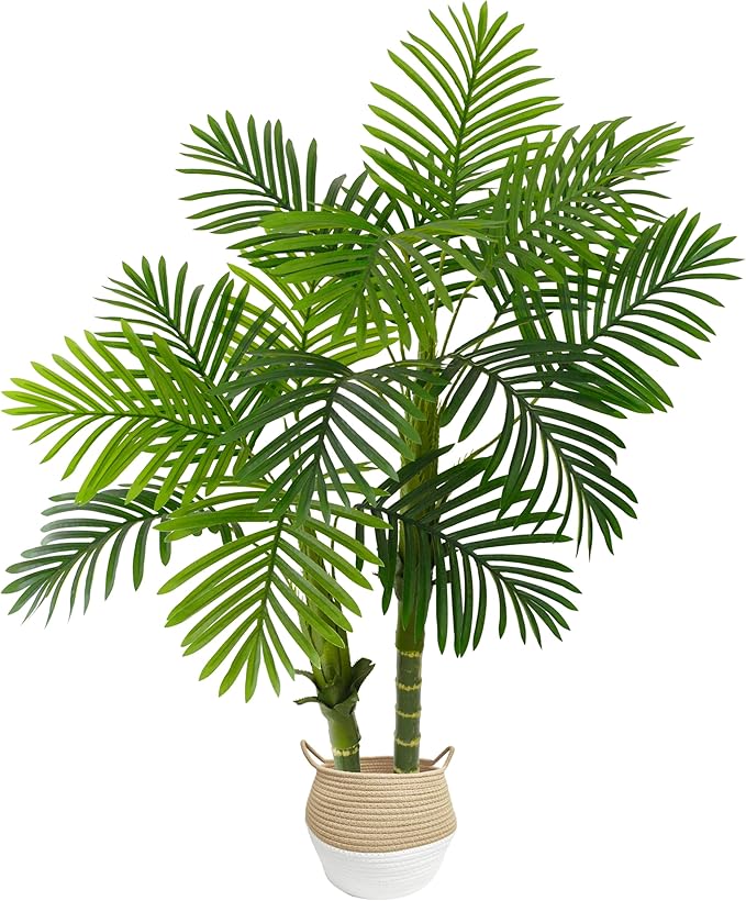 Artificial Palm Tree, 4ft Golden Cane Fake Palm Plant with Basket, Phoenix Palm UV Resistant Faux Plants for Indoor Outdoor Home Garden Patio Office Décor