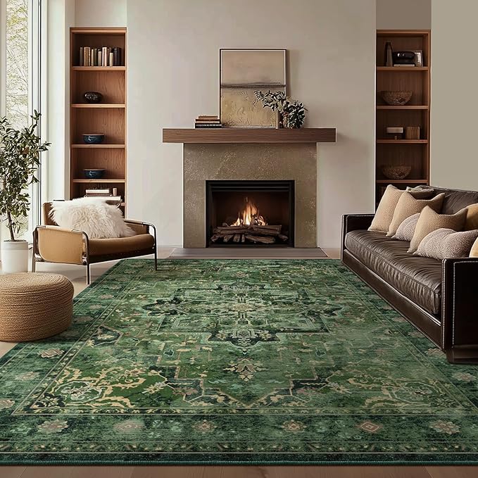 Dark Green 7x10 Living Room Rug, Vintafe Distressed Medallion Area Rug for Bedroom Dining Room, Washable Non Slip Thin Carpet Rugs for Bedroom Under Bed Home Office