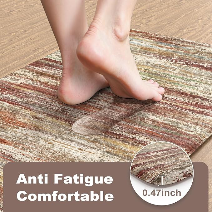 KIMODE Anti Fatigue Kitchen Mats, Farmhouse Kitchen Rugs Sets of 2, Non Slip Kitchen Mats for Floor, Cushioned Kitchen Floor Mats for Sink Laundry Office Desk Red Brown 17"x47"+17"x29"